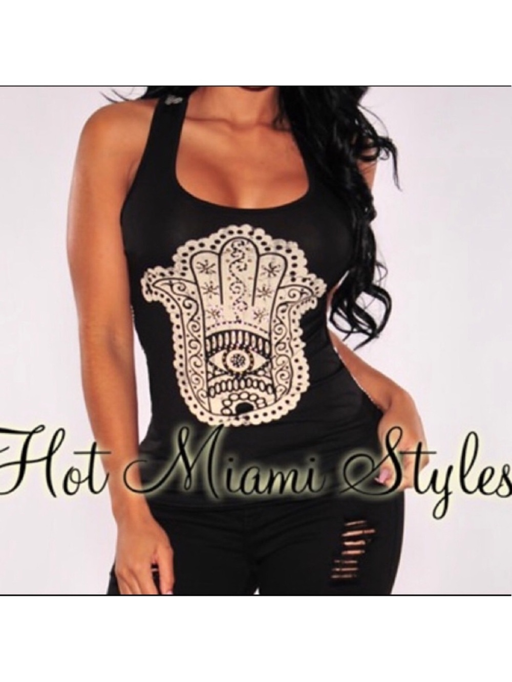 HOT MIAMI STYLES HAMSA EVIL EYE PRINT
TANK TOP Large